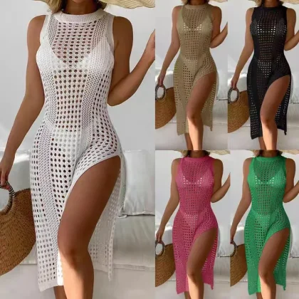 Abrini Women Hollow Out Crochet Cover Up Swimwear Sleeveless Bikini Dress Smock Split Sexy Beach Knitwear Solid Swimsuit