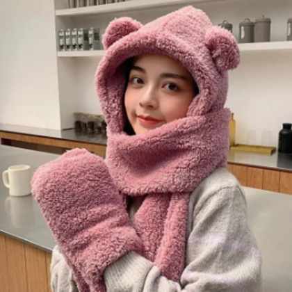 3 in 1 Hat Beanie Scarf Gloves Cute Cartoon Bear Rabbit Ear Beanie Women Girls Winter Warm Fleece Plush Outdoor Caps Hats